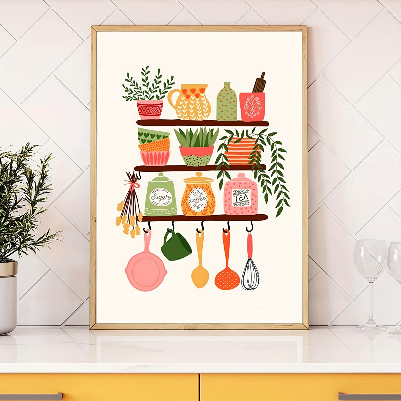 1pc Vibrant Kitchen Wall Art Print - Contemporary Leaf & Culinary Motifs Canvas Poster, Unframed Bright Home Decor for Living Room, Bedroom, Bathroom, Home Office, Kitchen Wall Decor, Artistic Poster, Durable Poster, Interior Designers