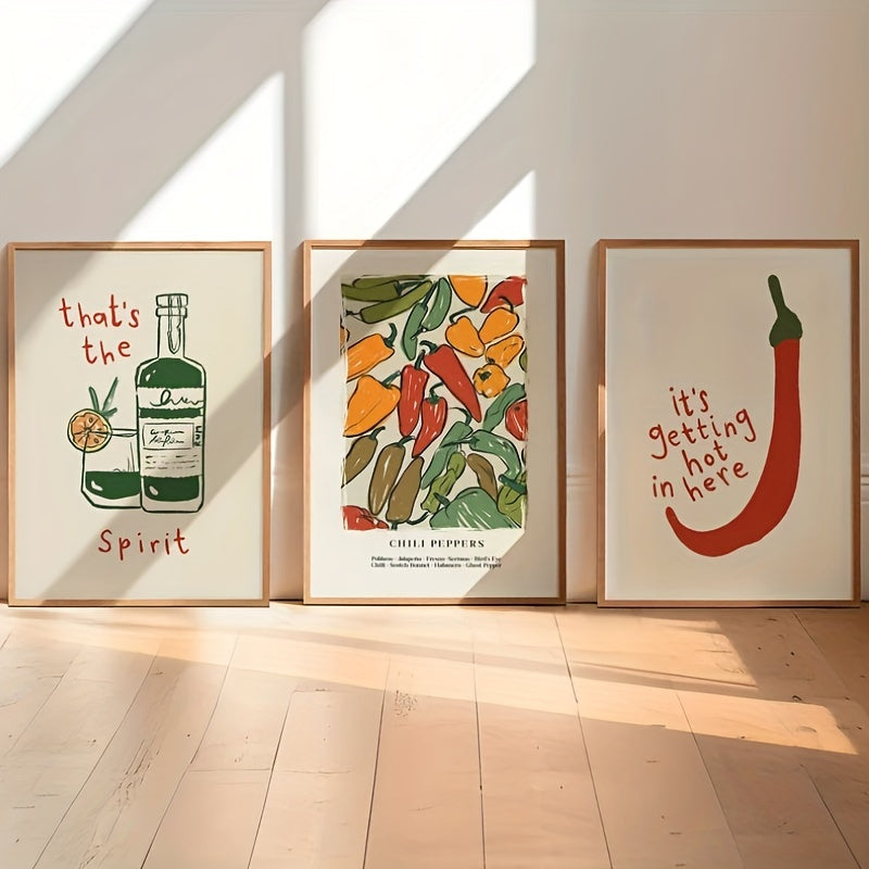 2D Flat Set of 3 Vintage Chili Pepper Themed Canvas Prints for Decorating Your Retro Kitchen Or Living Room, Perfect for Halloween And Housewarming Gifts for The New Year