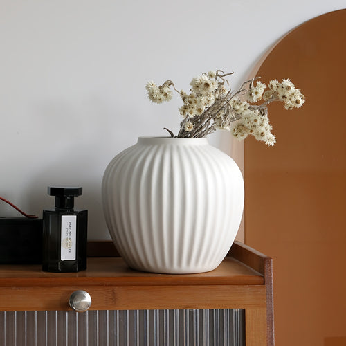 1pc Striped Ceramic Vase, Decorative Art Style, Elegant Home Table Centerpiece, Modern Flower Arrangement Container