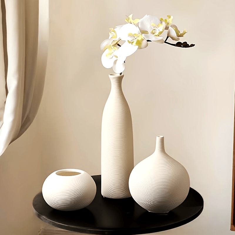 3pcs Ceramic Vases 3pcs Modern White Striped Ceramic Vases | Geometric Pattern, Horn-Shaped Bud Vase for Dry Flower Arrangement, Home Decor Living Room Decorations, No Electricity or Battery Needed