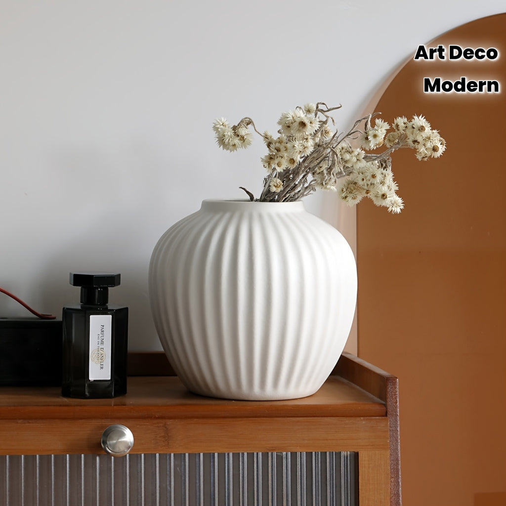 1pc Striped Ceramic Vase, Decorative Art Style, Elegant Home Table Centerpiece, Modern Flower Arrangement Container