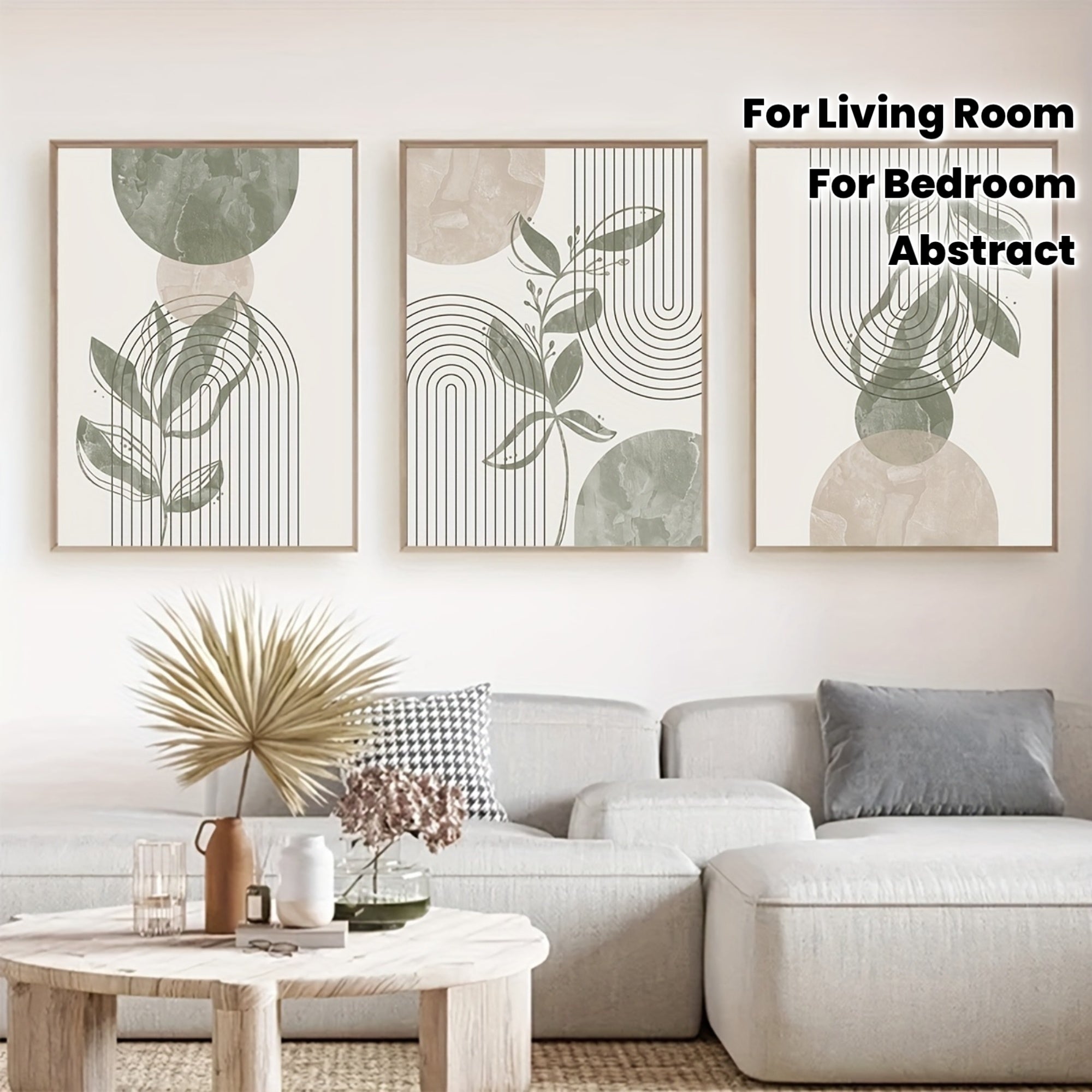 Bohemian Art Prints Set of 3 Sage Green And Beige Bohemian Art Prints | 2D Flat Abstract Line Designs for Home Decor | Gallery Wall Set of Abstract Plant Art, Bedroom Wall Decor Posters, Unframed Canvas for Living Room