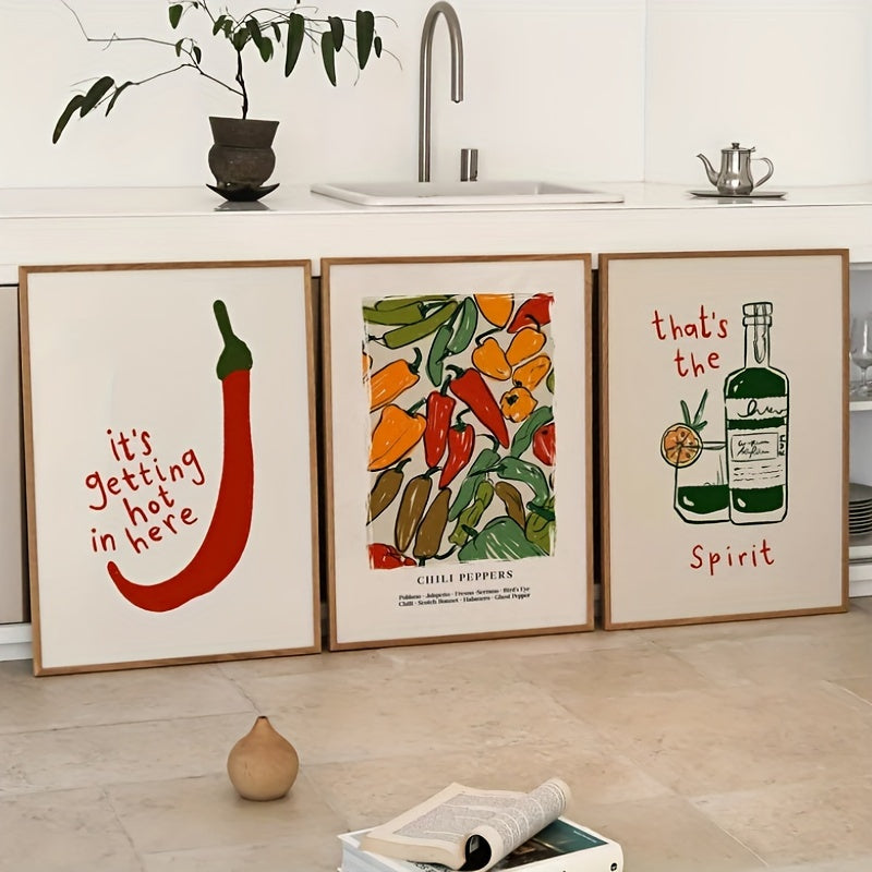 2D Flat Set of 3 Vintage Chili Pepper Themed Canvas Prints for Decorating Your Retro Kitchen Or Living Room, Perfect for Halloween And Housewarming Gifts for The New Year