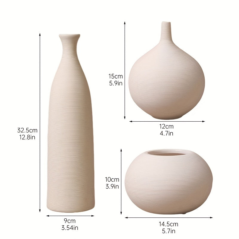3pcs Ceramic Vases 3pcs Modern White Striped Ceramic Vases | Geometric Pattern, Horn-Shaped Bud Vase for Dry Flower Arrangement, Home Decor Living Room Decorations, No Electricity or Battery Needed