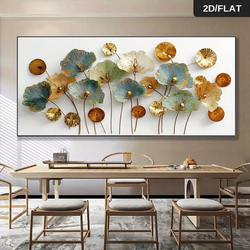 Extra Large Decorative Painting Living Room Wall Art Canvas Print, Oversized Modern Floral Style Blue, Golden & White for Lotus Leaf Pattern Minimalist Self-Adhesive Strip for Easy Hanging in Bedroom or Office, 29.6x60 Inches (75x152.4cm), Frameless