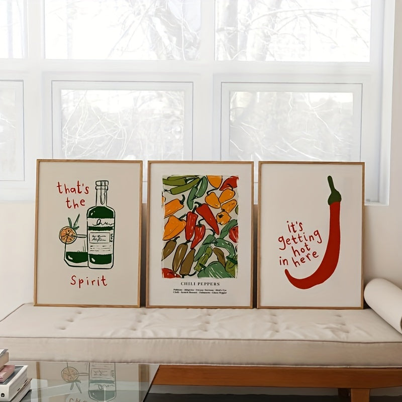2D Flat Set of 3 Vintage Chili Pepper Themed Canvas Prints for Decorating Your Retro Kitchen Or Living Room, Perfect for Halloween And Housewarming Gifts for The New Year