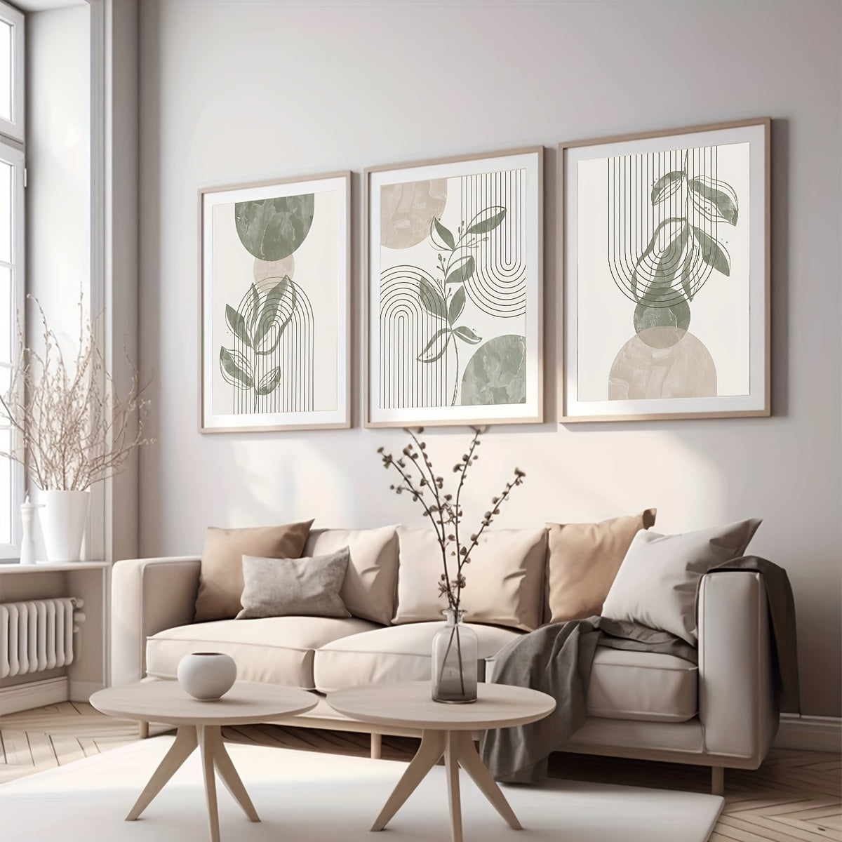 Bohemian Art Prints Set of 3 Sage Green And Beige Bohemian Art Prints | 2D Flat Abstract Line Designs for Home Decor | Gallery Wall Set of Abstract Plant Art, Bedroom Wall Decor Posters, Unframed Canvas for Living Room