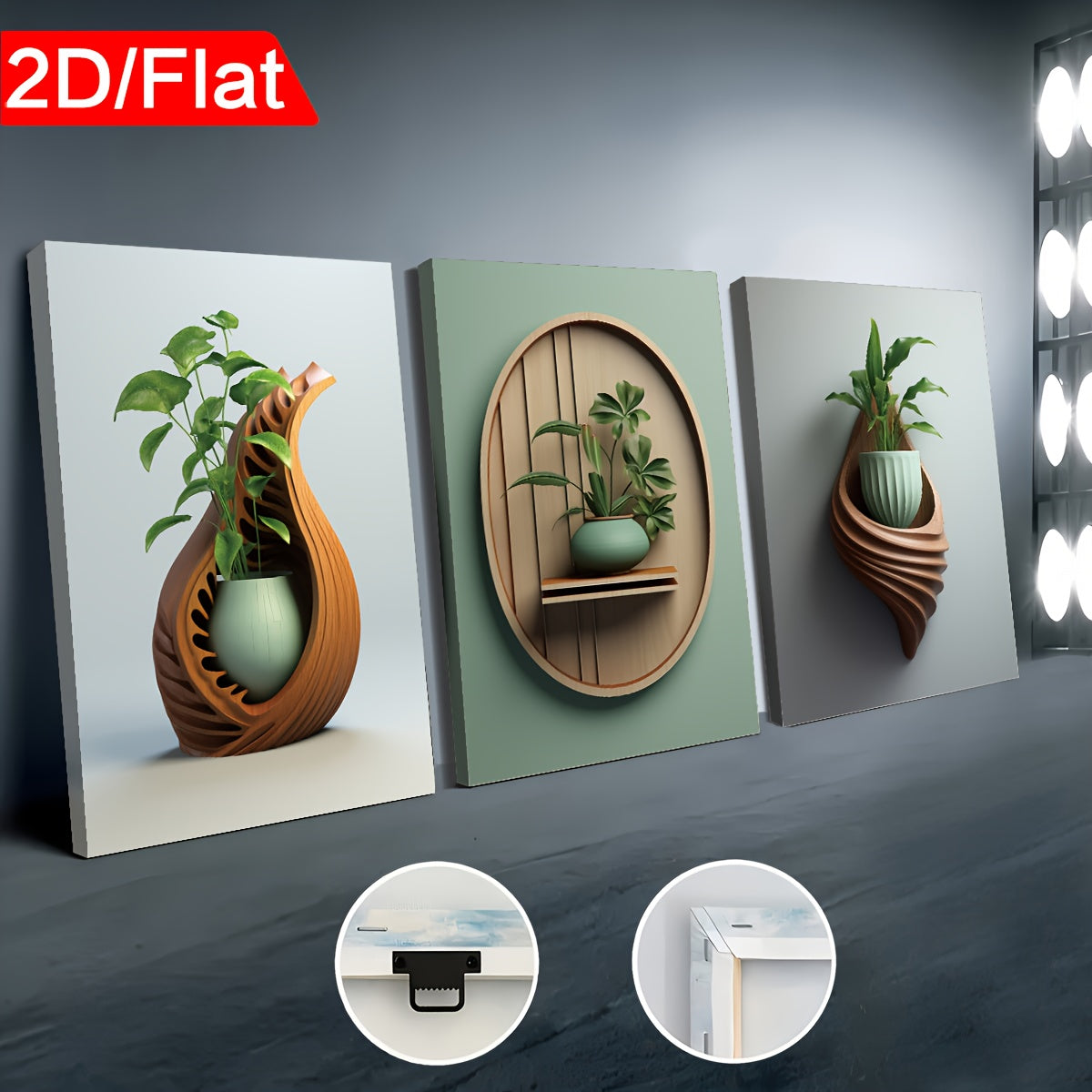2D Flat, 2D Flat, 2D Flat Three 2D Printed Artworks with Frames, Including Canvas Paintings And Posters, Ready to Hang. They Feature a Modern Minimalist Style with Plant Vase Shapes, Creative Wood Carvings, And Serve As Home Decor, Wall Art