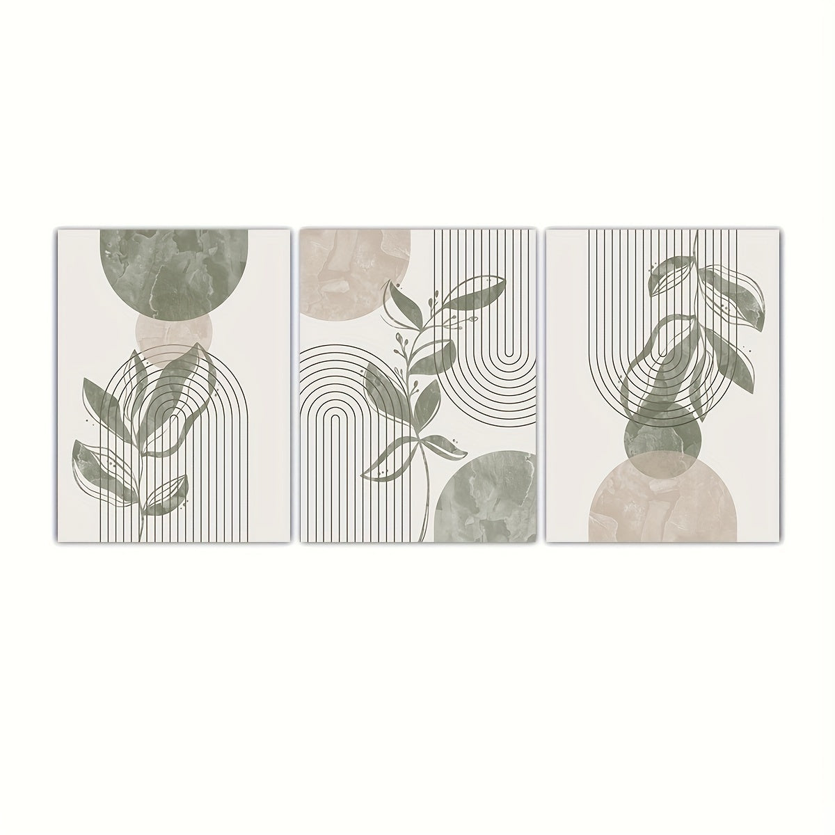 Bohemian Art Prints Set of 3 Sage Green And Beige Bohemian Art Prints | 2D Flat Abstract Line Designs for Home Decor | Gallery Wall Set of Abstract Plant Art, Bedroom Wall Decor Posters, Unframed Canvas for Living Room