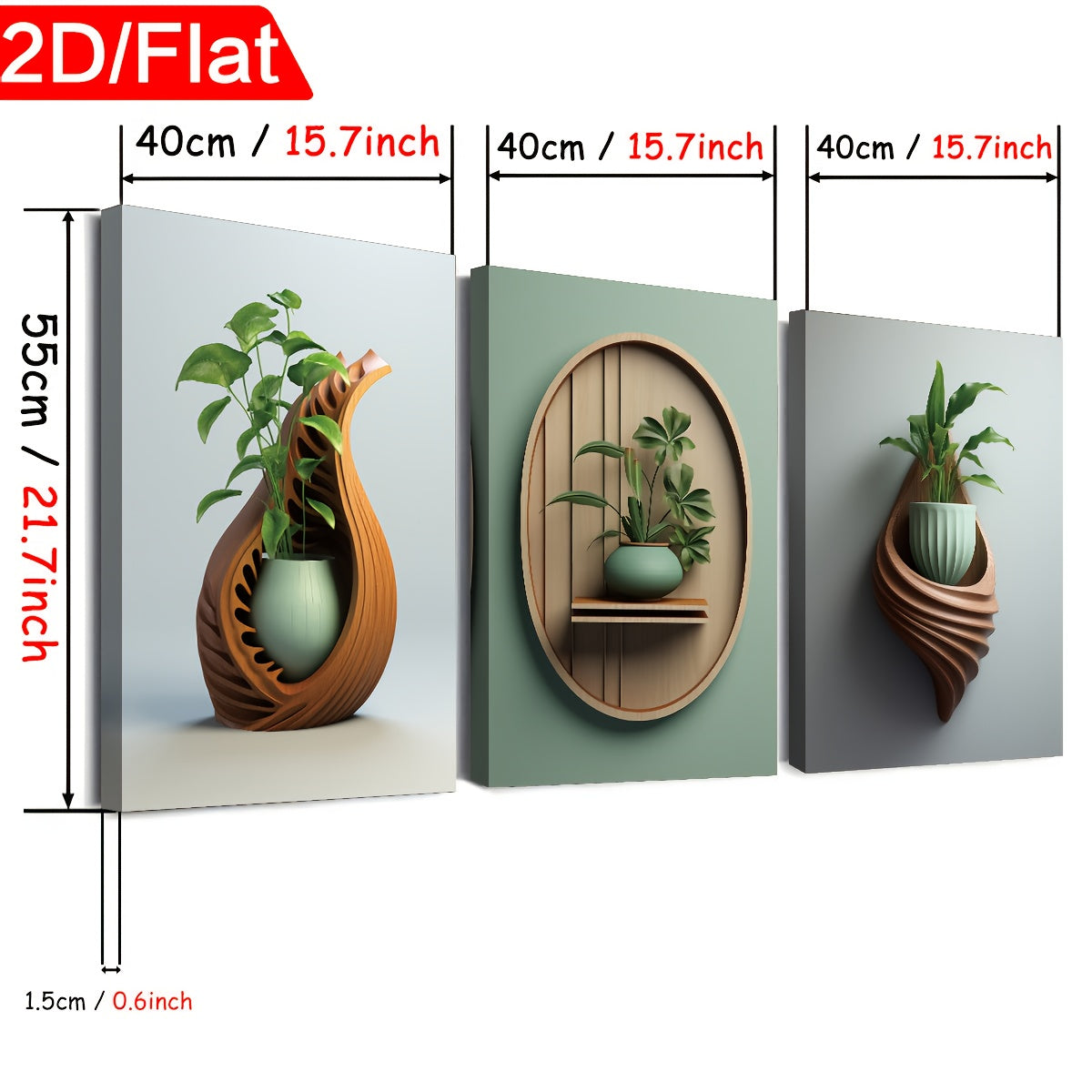 2D Flat, 2D Flat, 2D Flat Three 2D Printed Artworks with Frames, Including Canvas Paintings And Posters, Ready to Hang. They Feature a Modern Minimalist Style with Plant Vase Shapes, Creative Wood Carvings, And Serve As Home Decor, Wall Art