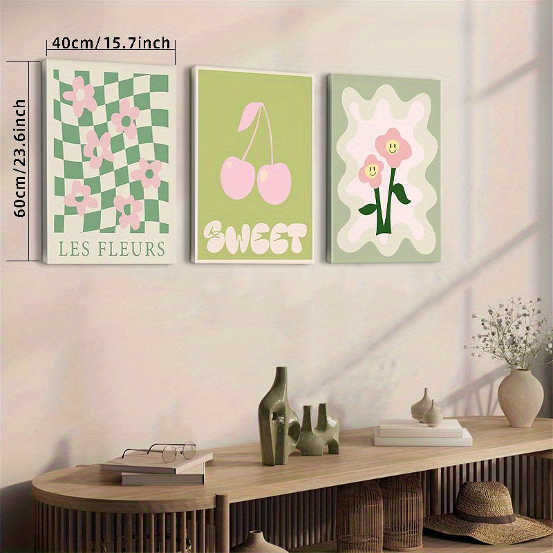 Framed, Green Danish Soft Wall Decor Suitable for Girls Dorm Room, Beautiful and Cute Room Decoration, Collegiate Style Wall Art Prints, for Room Decoration, Beautiful, 3pcs Set Framed