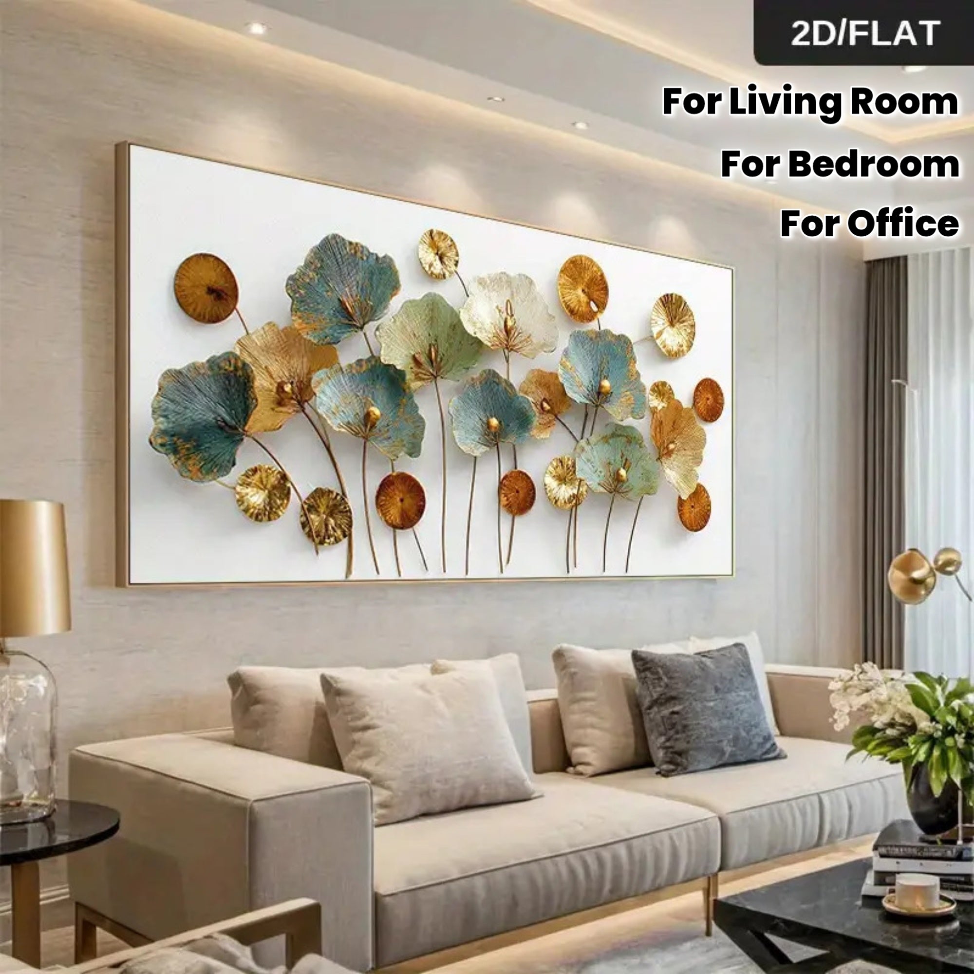 Extra Large Decorative Painting Living Room Wall Art Canvas Print, Oversized Modern Floral Style Blue, Golden & White for Lotus Leaf Pattern Minimalist Self-Adhesive Strip for Easy Hanging in Bedroom or Office, 29.6x60 Inches (75x152.4cm), Frameless