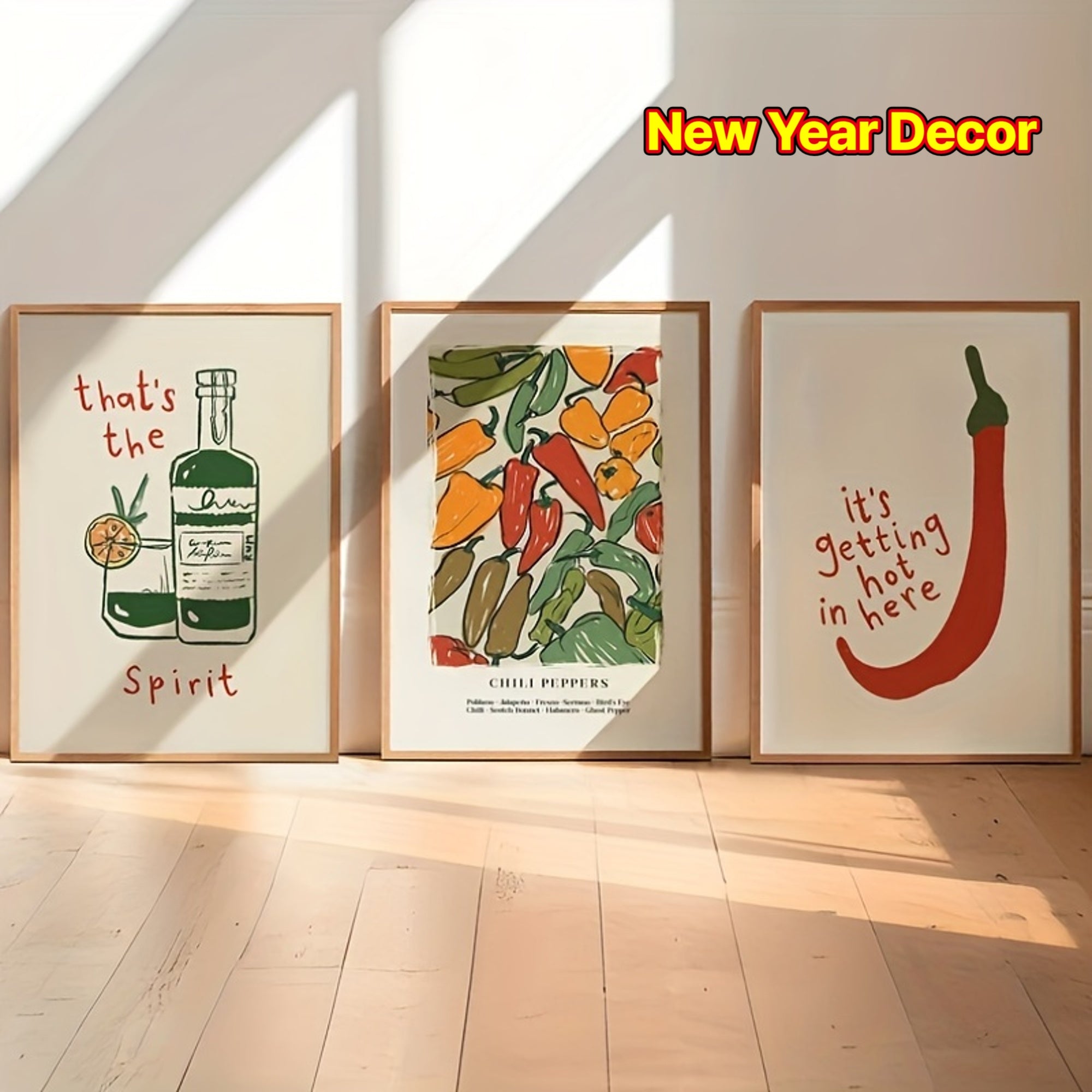 2D Flat Set of 3 Vintage Chili Pepper Themed Canvas Prints for Decorating Your Retro Kitchen Or Living Room, Perfect for Halloween And Housewarming Gifts for The New Year
