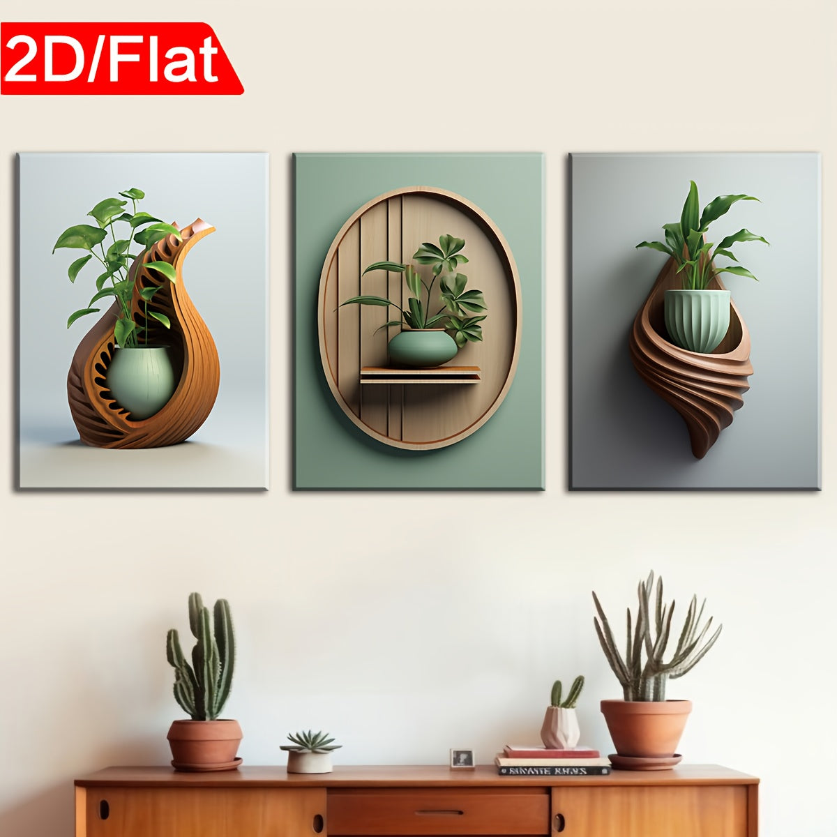 2D Flat, 2D Flat, 2D Flat Three 2D Printed Artworks with Frames, Including Canvas Paintings And Posters, Ready to Hang. They Feature a Modern Minimalist Style with Plant Vase Shapes, Creative Wood Carvings, And Serve As Home Decor, Wall Art