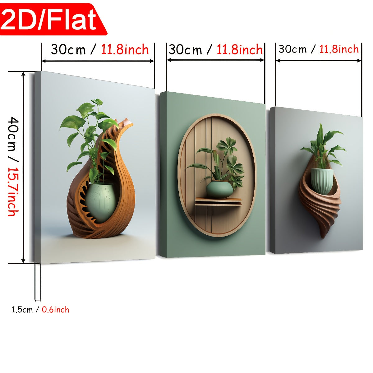 2D Flat, 2D Flat, 2D Flat Three 2D Printed Artworks with Frames, Including Canvas Paintings And Posters, Ready to Hang. They Feature a Modern Minimalist Style with Plant Vase Shapes, Creative Wood Carvings, And Serve As Home Decor, Wall Art