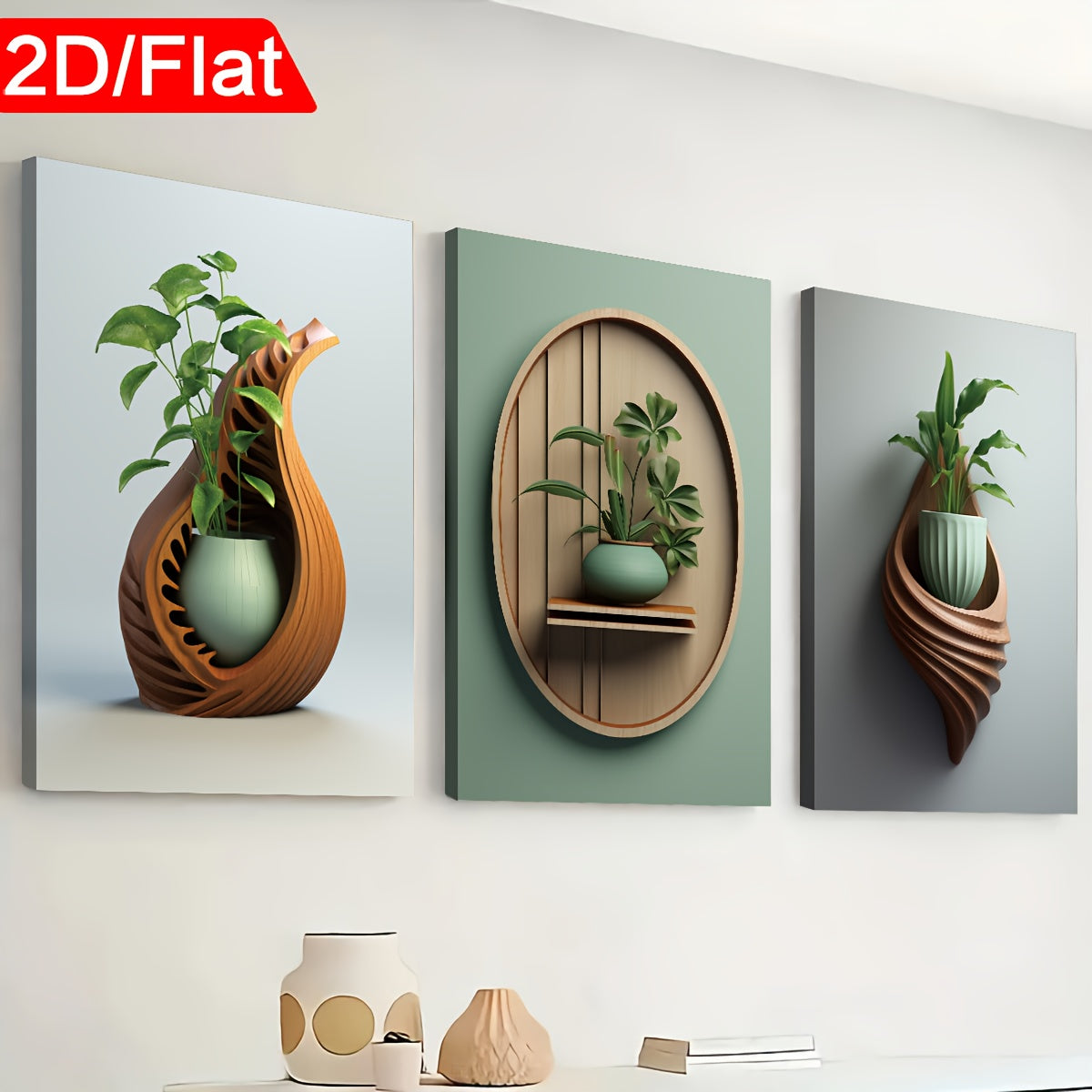 2D Flat, 2D Flat, 2D Flat Three 2D Printed Artworks with Frames, Including Canvas Paintings And Posters, Ready to Hang. They Feature a Modern Minimalist Style with Plant Vase Shapes, Creative Wood Carvings, And Serve As Home Decor, Wall Art