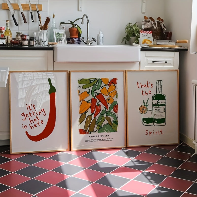 2D Flat Set of 3 Vintage Chili Pepper Themed Canvas Prints for Decorating Your Retro Kitchen Or Living Room, Perfect for Halloween And Housewarming Gifts for The New Year