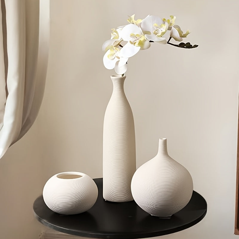 3pcs Ceramic Vases 3pcs Modern White Striped Ceramic Vases | Geometric Pattern, Horn-Shaped Bud Vase for Dry Flower Arrangement, Home Decor Living Room Decorations, No Electricity or Battery Needed
