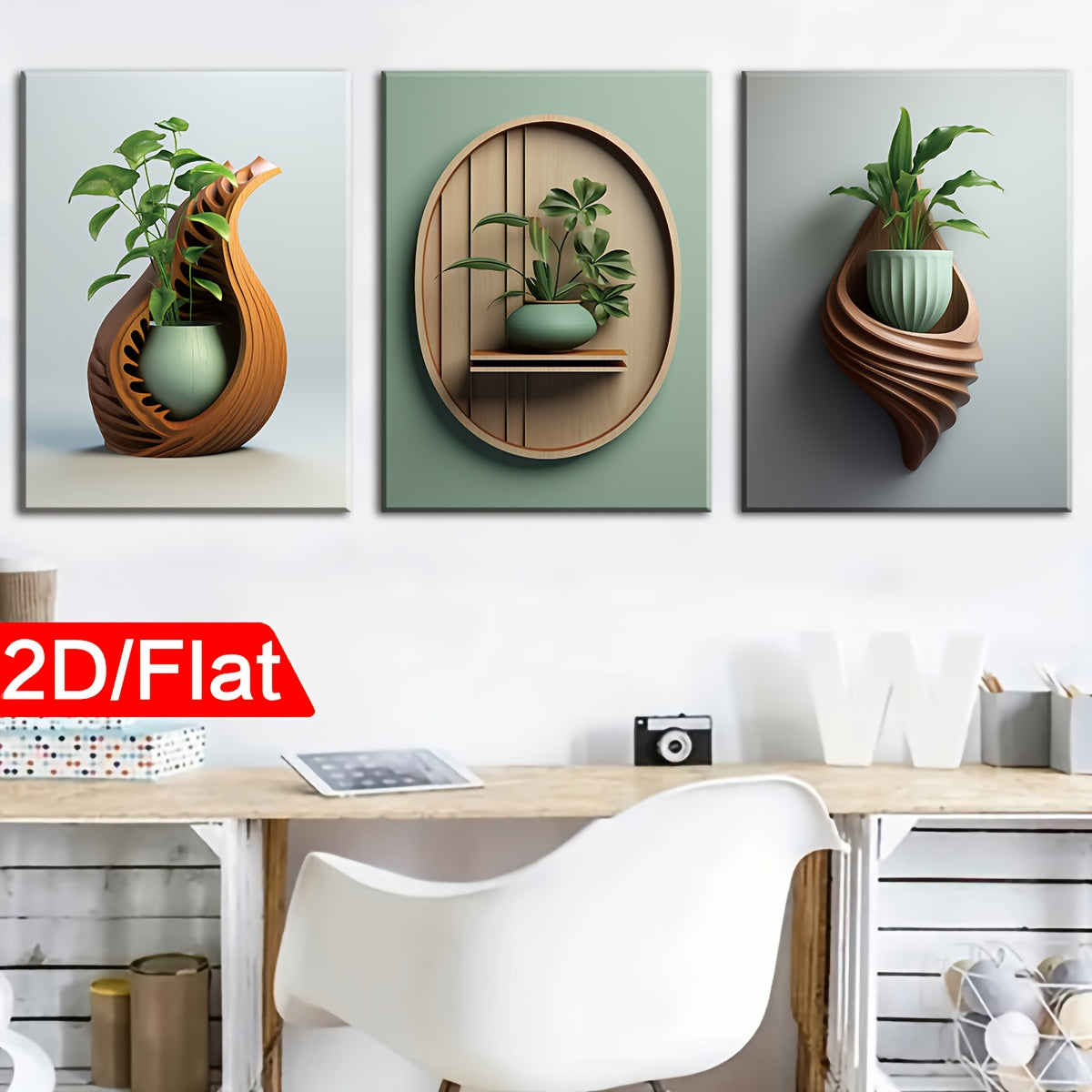 2D Flat, 2D Flat, 2D Flat Three 2D Printed Artworks with Frames, Including Canvas Paintings And Posters, Ready to Hang. They Feature a Modern Minimalist Style with Plant Vase Shapes, Creative Wood Carvings, And Serve As Home Decor, Wall Art