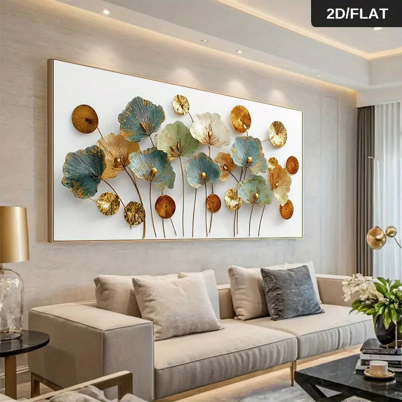 Extra Large Decorative Painting Living Room Wall Art Canvas Print, Oversized Modern Floral Style Blue, Golden & White for Lotus Leaf Pattern Minimalist Self-Adhesive Strip for Easy Hanging in Bedroom or Office, 29.6x60 Inches (75x152.4cm), Frameless