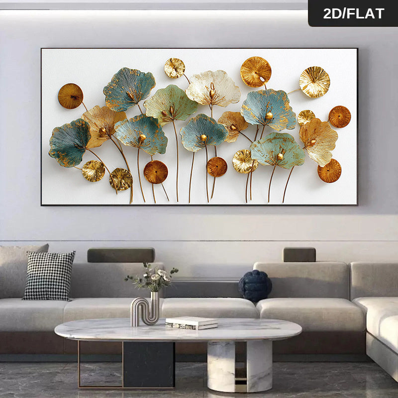 Extra Large Decorative Painting Living Room Wall Art Canvas Print, Oversized Modern Floral Style Blue, Golden & White for Lotus Leaf Pattern Minimalist Self-Adhesive Strip for Easy Hanging in Bedroom or Office, 29.6x60 Inches (75x152.4cm), Frameless
