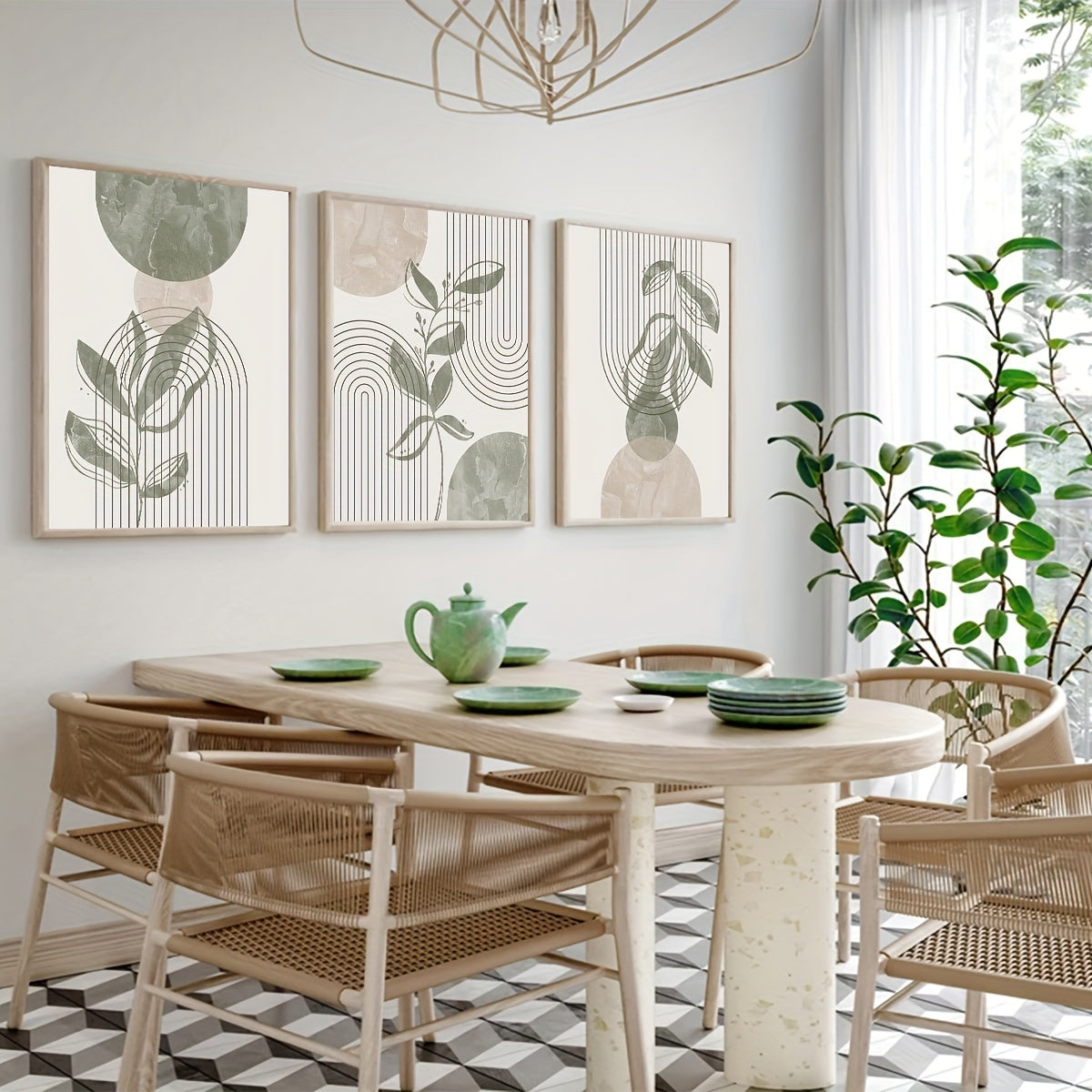 Bohemian Art Prints Set of 3 Sage Green And Beige Bohemian Art Prints | 2D Flat Abstract Line Designs for Home Decor | Gallery Wall Set of Abstract Plant Art, Bedroom Wall Decor Posters, Unframed Canvas for Living Room