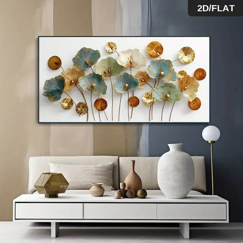 Extra Large Decorative Painting Living Room Wall Art Canvas Print, Oversized Modern Floral Style Blue, Golden & White for Lotus Leaf Pattern Minimalist Self-Adhesive Strip for Easy Hanging in Bedroom or Office, 29.6x60 Inches (75x152.4cm), Frameless