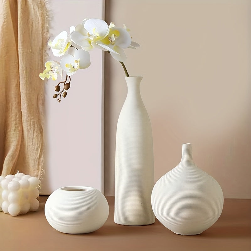 3pcs Ceramic Vases 3pcs Modern White Striped Ceramic Vases | Geometric Pattern, Horn-Shaped Bud Vase for Dry Flower Arrangement, Home Decor Living Room Decorations, No Electricity or Battery Needed