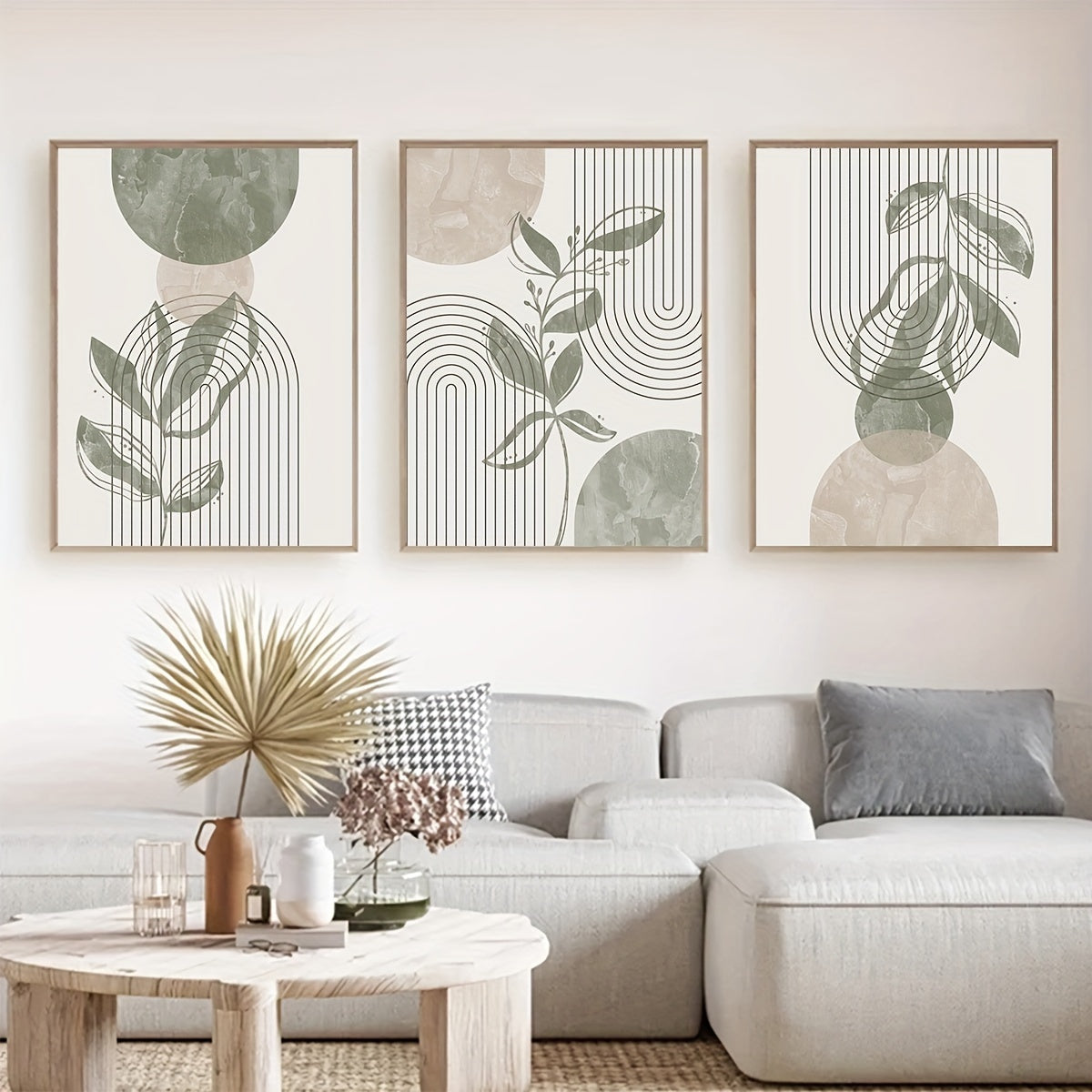 Bohemian Art Prints Set of 3 Sage Green And Beige Bohemian Art Prints | 2D Flat Abstract Line Designs for Home Decor | Gallery Wall Set of Abstract Plant Art, Bedroom Wall Decor Posters, Unframed Canvas for Living Room